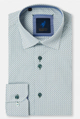 Green and white patterned dress shirt with a collar tag on a white background