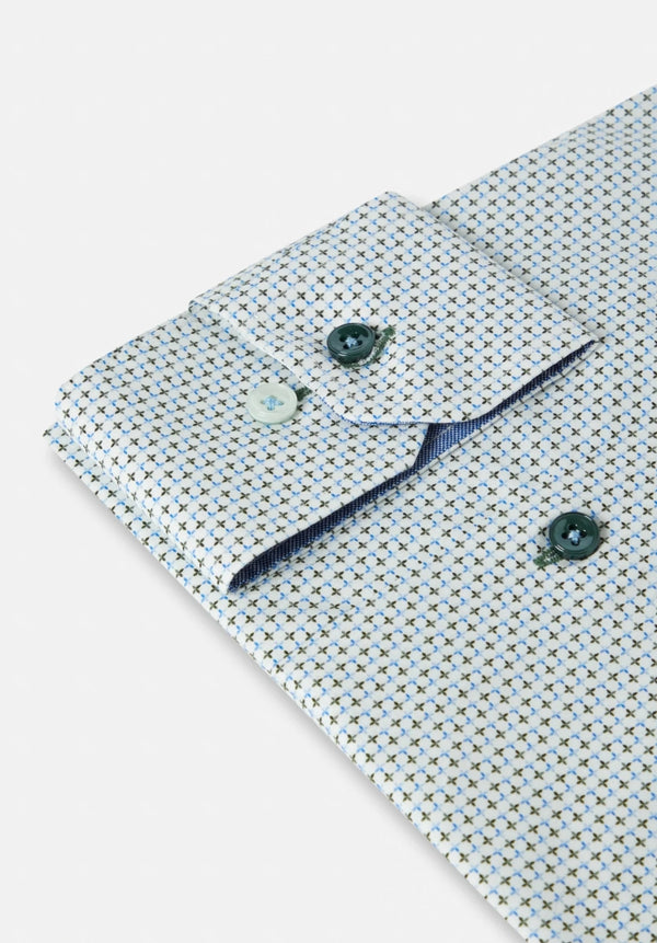 Patterned shirt with buttons on a light gray background