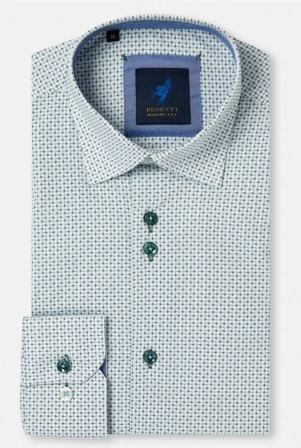 Green and white patterned dress shirt with a collar tag on a white background