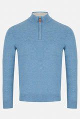 Blue sweater with a quarter zip on a white background