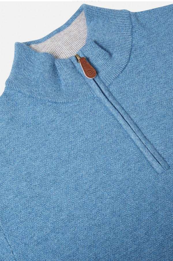 Close-up of a blue sweater with a zipper and brown leather pull tab on a light gray background