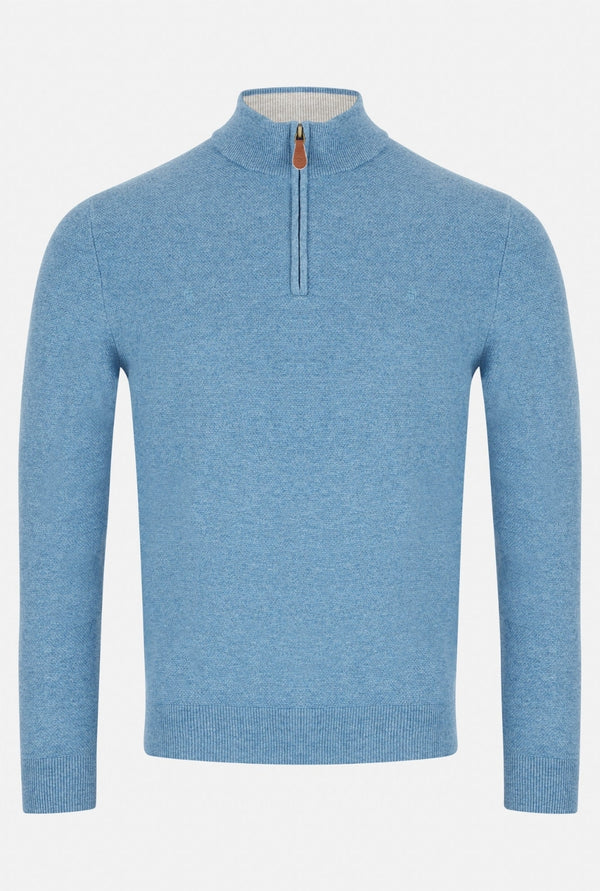 Blue sweater with a quarter zip on a white background