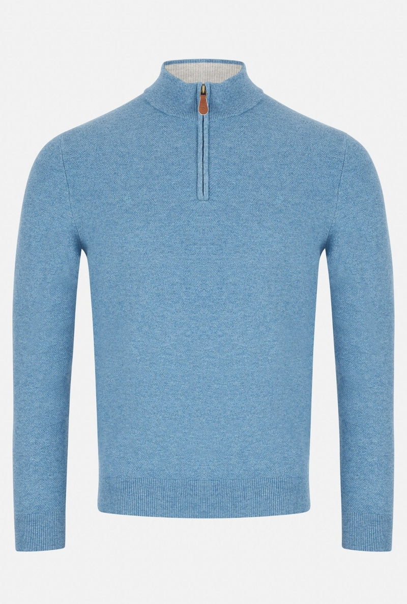 Blue sweater with a quarter zip on a white background