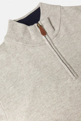 Close-up of a gray sweater with a zipper detail on a white background