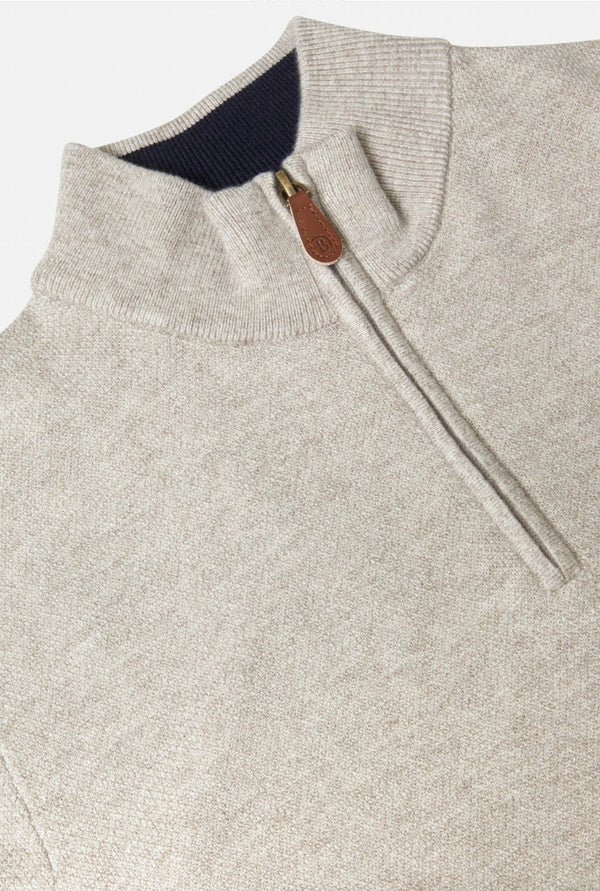 Close-up of a gray sweater with a zipper detail on a white background