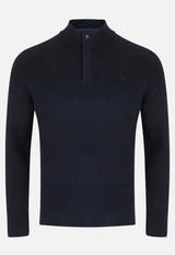 Navy blue sweater with a quarter zip on a white background