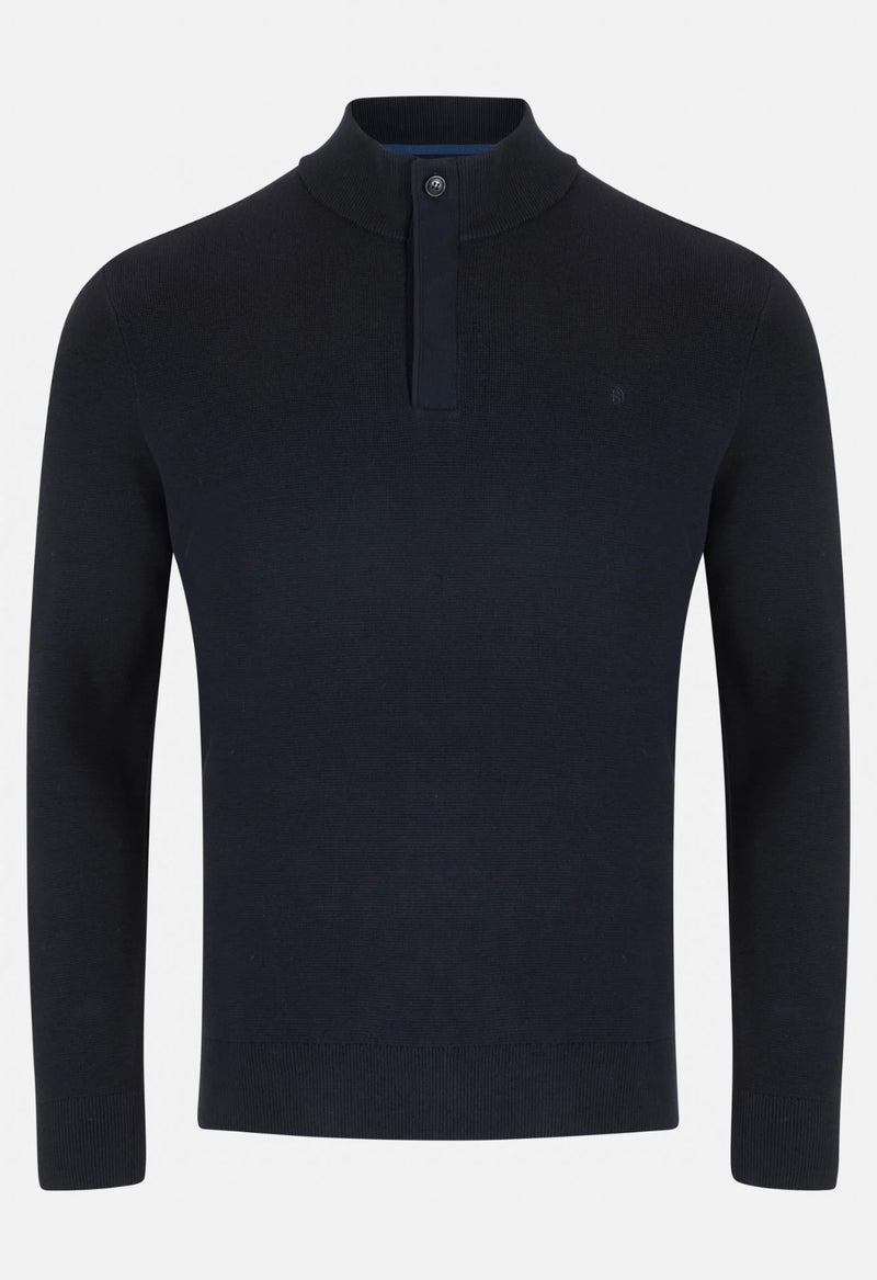 Navy blue sweater with a quarter zip on a white background