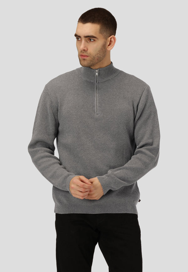 Man wearing a gray half-zip sweater against a light gray background
