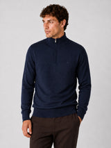 A man wearing a navy blue quarter-zip knit sweater and dark brown trousers, standing against a neutral light gray studio background.