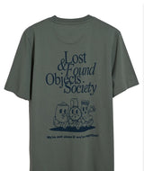 Gray t-shirt with 'Lost & Found Objects Society' graphic and text on a white background