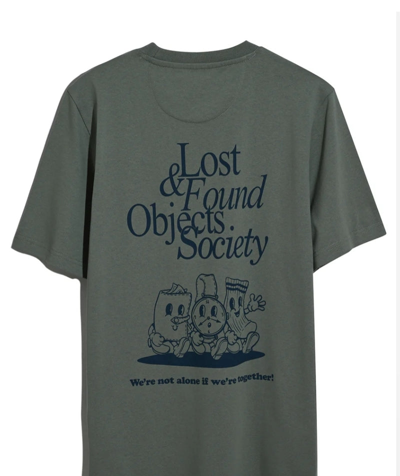 Gray t-shirt with 'Lost & Found Objects Society' graphic and text on a white background