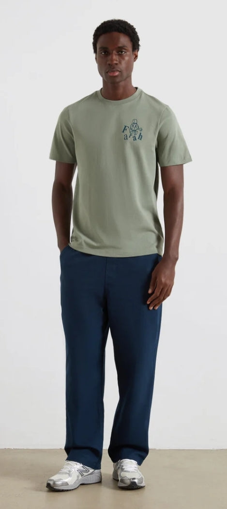Person wearing a green t-shirt and blue pants on a white background