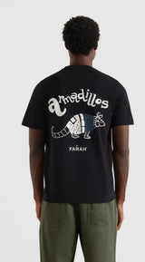 Person wearing a black t-shirt with 'armadillos' and 'Farah' branding on a white background