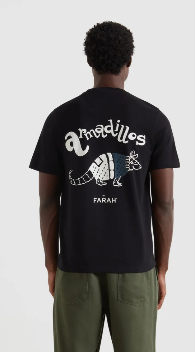 Person wearing a black t-shirt with 'armadillos' and 'Farah' branding on a white background