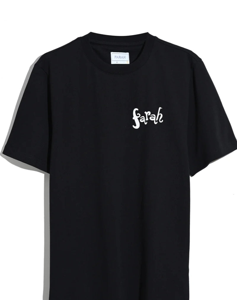 Black t-shirt with 'Farah' printed on a white background