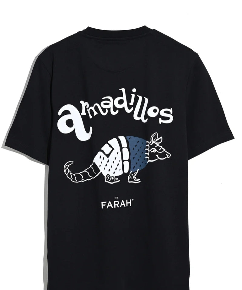 Black t-shirt with an armadillo graphic and 'FARAH' branding on a white background