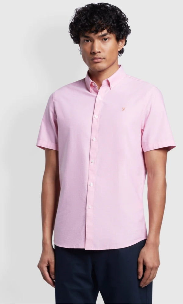 Farah Brewer Slim Fit Short Sleeve Oxford Shirt In Pink www.q23menswear.com