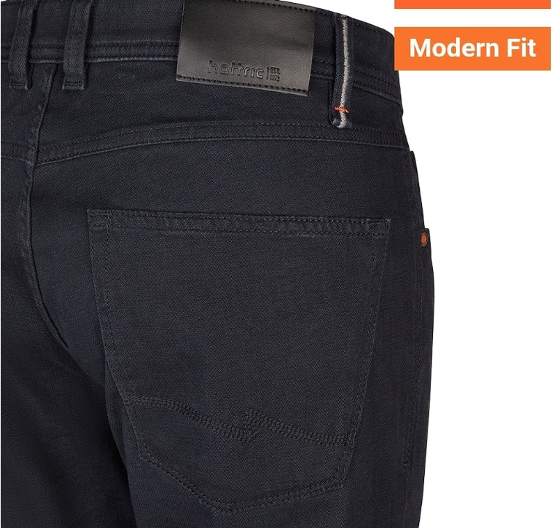 Navy pants with a brand label and 'Modern Fit' text on a white background