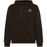 A dark brown pullover hoodie with a small orange embroidered graphic of a owl on a bicycle on the left chest, shown against a plain white background.