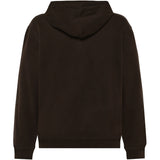 A dark brown hooded sweatshirt shown from the back, featuring a solid color and ribbed cuffs and hem, set against a plain white background.