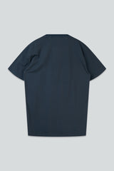 A dark navy blue short-sleeve t-shirt shown from the back, laid flat against a light gray background.