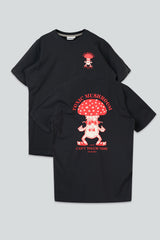 Two navy short-sleeve graphic T-shirts shown flat against a light gray background. The front shirt features a large red and pink mushroom character graphic with the text 'TOXIC MUSHROOM' and 'CAN'T TOUCH THIS' in red.