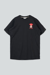 A navy short-sleeve crewneck t-shirt with a small red and white cartoon character graphic on the left chest, displayed flat against a light gray background.