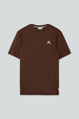 A dark brown short-sleeve crewneck t-shirt with a small white embroidered logo on the left chest, displayed flat against a light gray background.