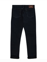 Blue Black jeans with a brand label on a white background