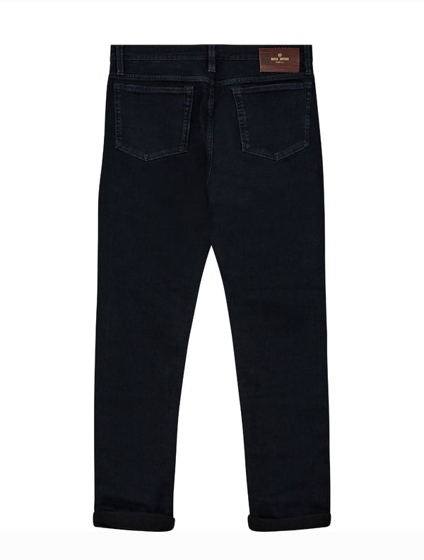 Blue Black jeans with a brand label on a white background