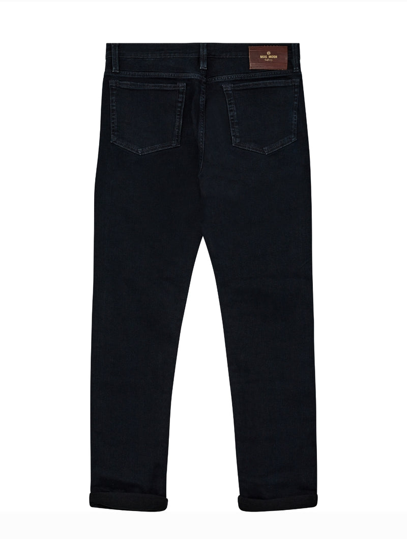 Blue Black jeans with a brand label on a white background
