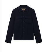 Navy Knit Overshirt with two front pockets on a white background