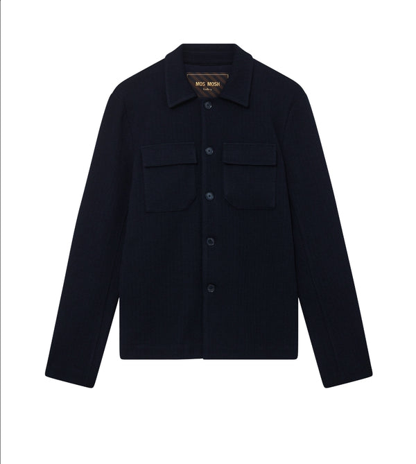 Navy Knit Overshirt with two front pockets on a white background