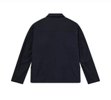 Navy jacket shown from the back on a white background