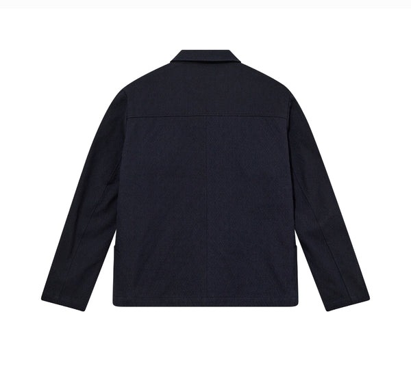 Navy jacket shown from the back on a white background