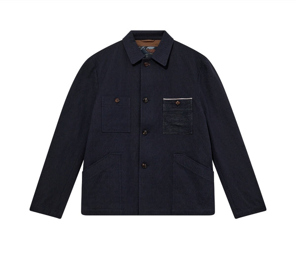 Navy jacket with button details on a white background