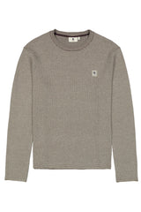 A textured knit crewneck sweater in a taupe-gray color, featuring a small white embroidered logo on the left chest and a white brand label at the inner collar.