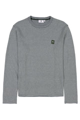 A gray textured knit crewneck sweater with a small navy embroidered logo patch on the left chest, displayed flat against a white background.