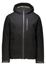 A black hooded jacket with a full front zipper, a vertical zippered chest pocket, and gray adjustable cuffs, shown against a plain white background.