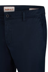 Navy blue pants with a brand label on a white background