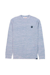 Blue striped long-sleeve shirt with a small logo on a white background