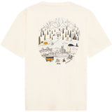 An off-white short-sleeve t-shirt with a large circular graphic print on the back, featuring a whimsical travel illustration in black, gray, and yellow.