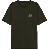 An oversized short-sleeve crewneck t-shirt in dark olive green, featuring a small light blue embroidered carriage graphic on the left chest. The brand name 'Surrett' is visible on the inner neck label.