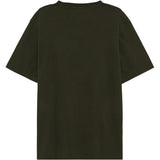 An oversized short-sleeve t-shirt in dark olive green, shown from the back against a plain white background.