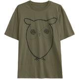 An olive green short-sleeve t-shirt with a black hand-drawn style owl graphic on the front, displayed against a solid white background.