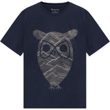 A navy blue short-sleeve crewneck t-shirt featuring a large graphic print of an owl's face composed of layered, wavy contour lines in light gray and white on the front.