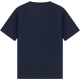 A plain navy blue short-sleeve crewneck t-shirt shown from the back, isolated on a solid white background.