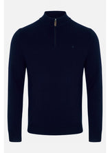 A dark navy blue long-sleeve quarter-zip sweater with a small embroidered logo on the left chest, displayed on a light gray background.