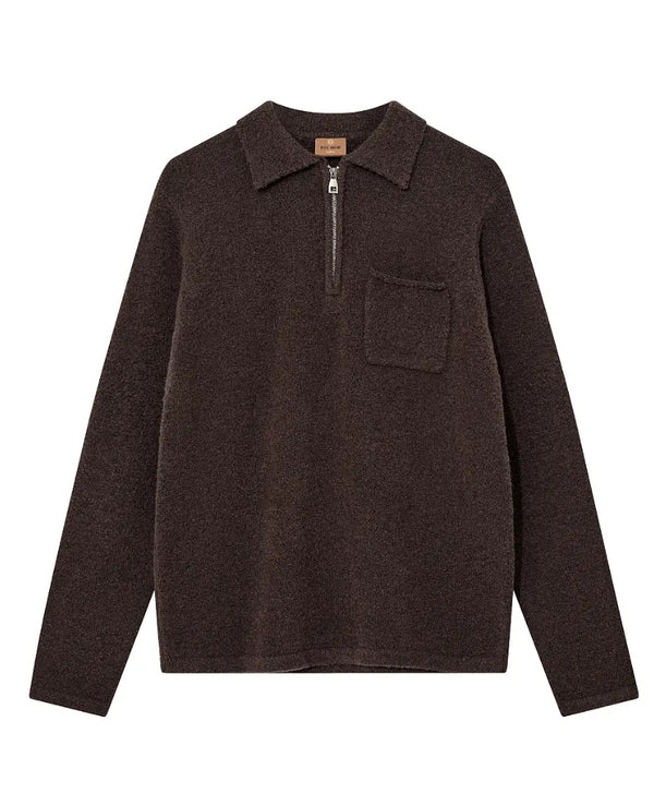 Brown long-sleeve shirt with a collar and zipper on a white background