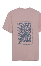 Pink t-shirt with geometric pattern and text on a white background